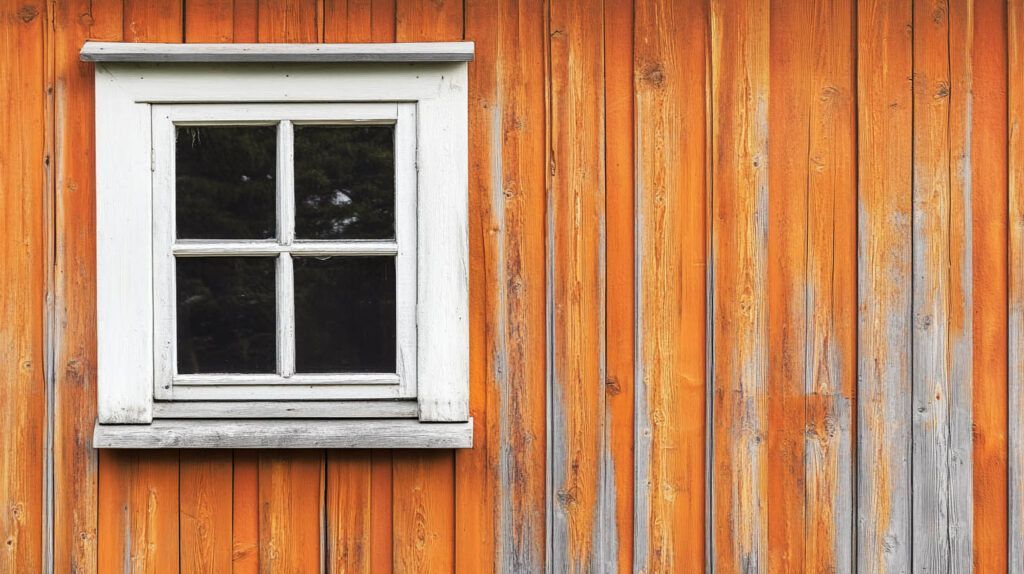 White-framed window on an orange wooden wall with weathered, peeling paint.