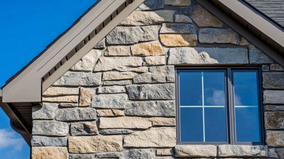 Stone house exterior with a blue window and gabled roof under a bright sky