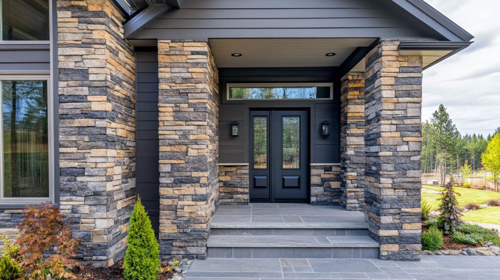 Front entrance of a modern stone house with double black doors and a covered porch.