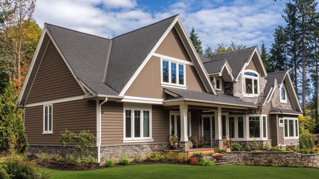 Large brown suburban house with steep gray roofs, white trim, and a front porch on a landscaped lawn
