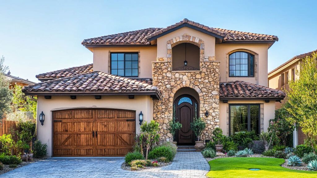Mediterranean-style house with stone facade, tiled roof, arched entry, and wooden garage door