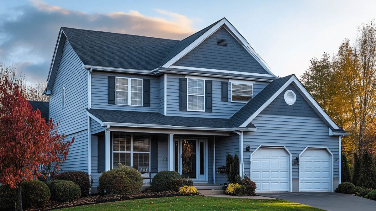 Blue two-story suburban house with white trim, two-car garage, and autumn landscaping