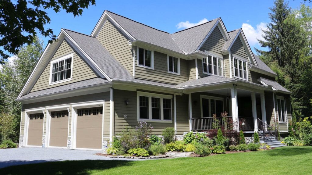 Large gray suburban house with a three-car garage, white trim, and a landscaped front yard