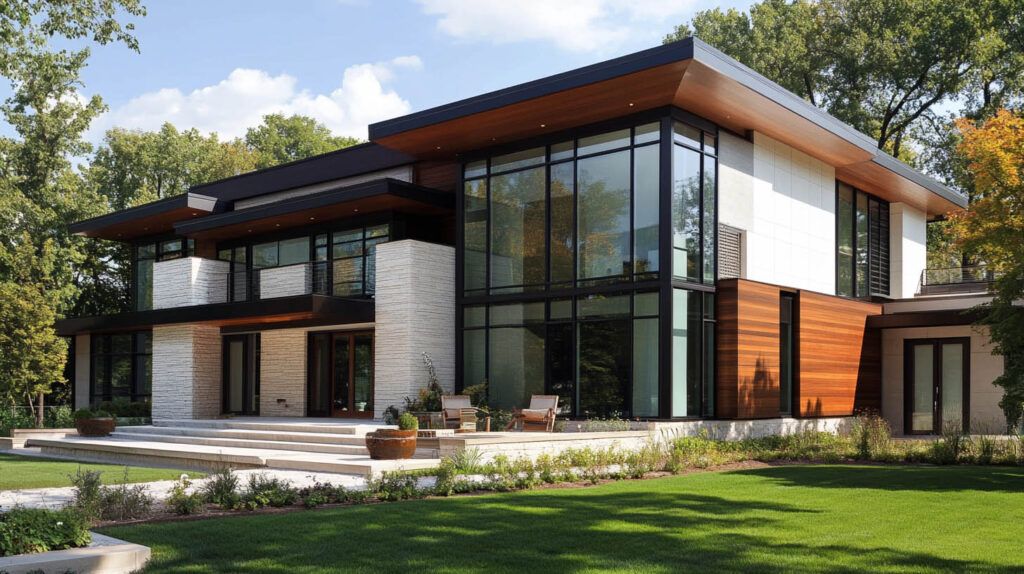 Modern two-story house with large glass windows, wood accents, and a manicured lawn under trees
