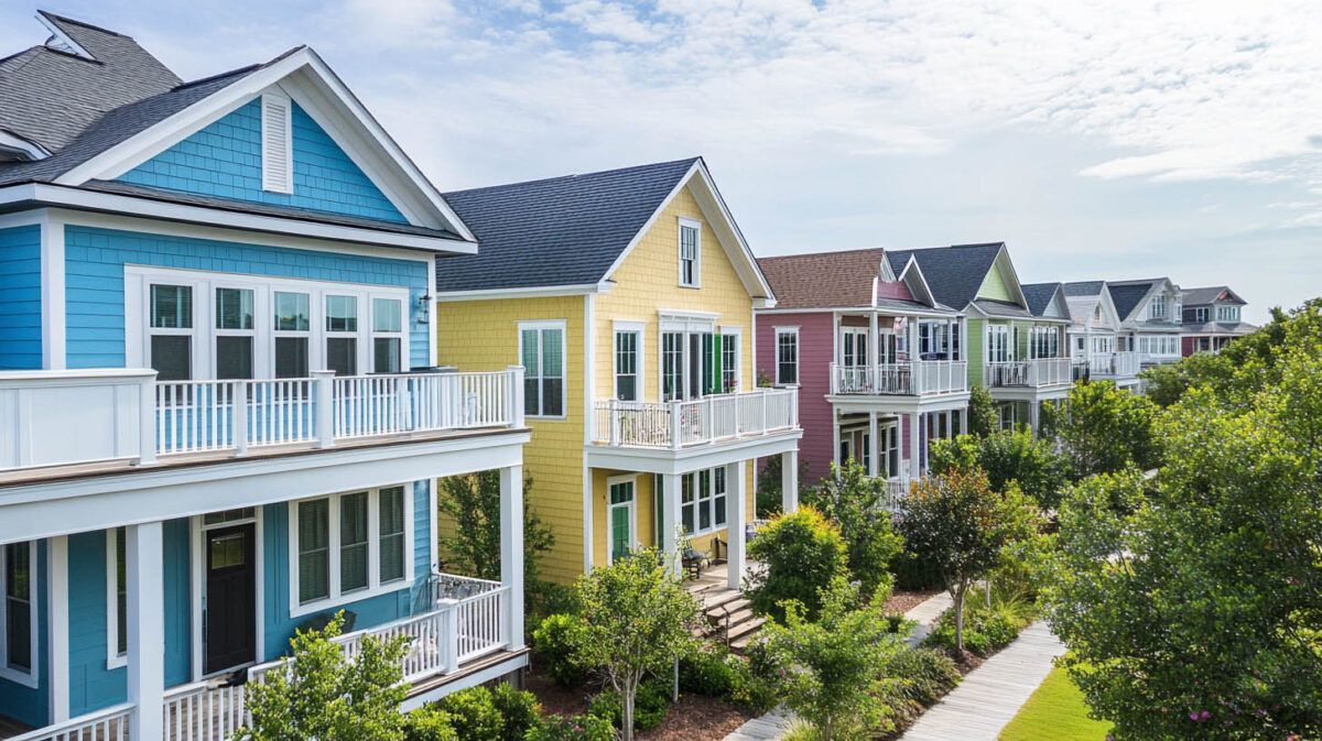 Row of colorful beach-style townhouses with white balconies beside greenery under a bright sky