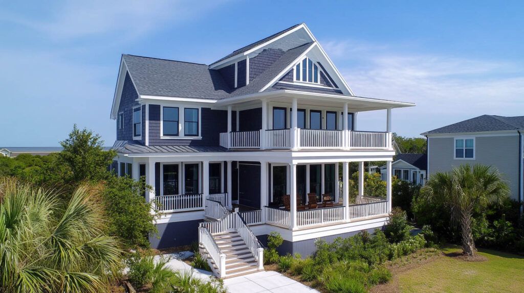 Blue-gray coastal house with white trim, wraparound porch, and stairs, set among dunes under a clear sky