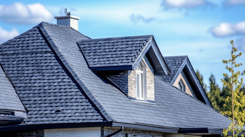 Blue-gray shingled house roofs under a clear sky with a small chimney and dormer windows