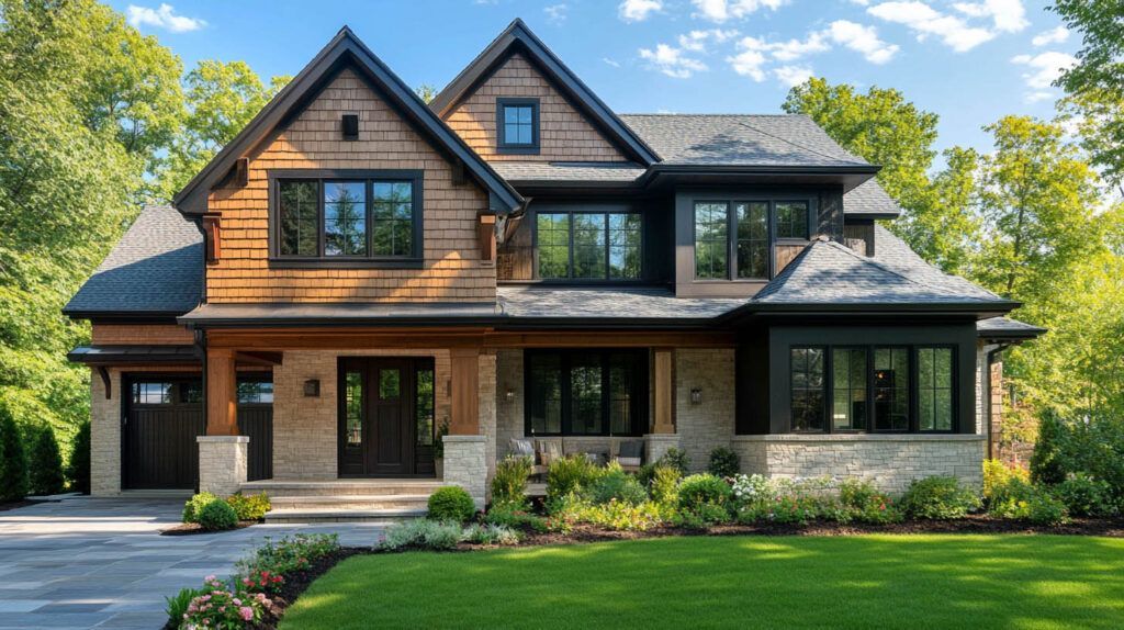 Large two-story house with stone and wood exterior, dark roof, and a manicured green lawn under a blue sky.