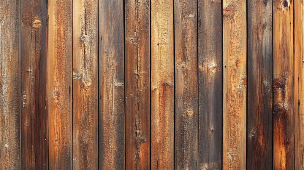Weathered vertical wooden planks in warm brown and gray tones, forming a rustic wall background.