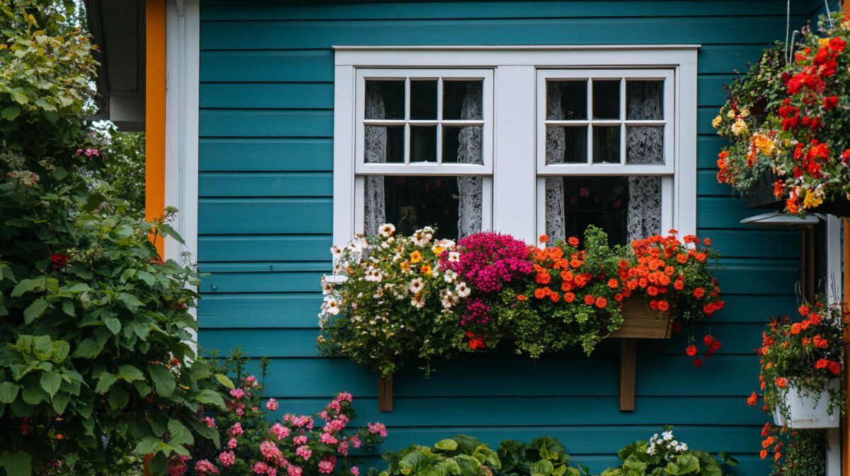 Blue house window with white trim and colorful flower boxes under the sill
