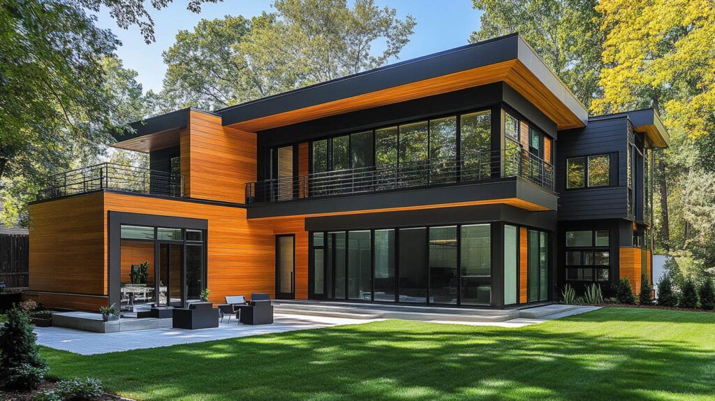 Modern two-story house with orange and black exterior, large glass windows, and a green lawn