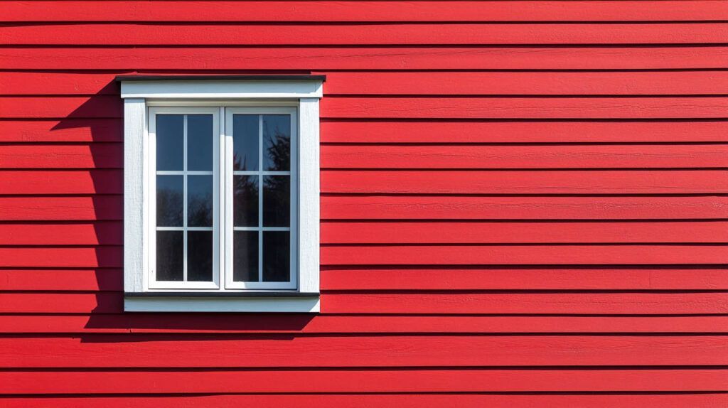 White-framed window on a bright red wooden wall, with strong sunlight and shadow lines.