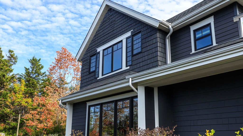 Modern dark-gray house exterior with white trim and autumn trees