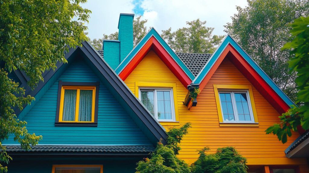 Colorful house with blue, yellow, and red gabled roofs surrounded by green trees