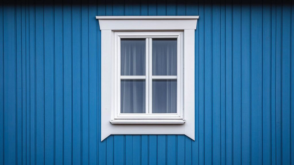 White-framed window with closed curtains on a blue wooden wall.