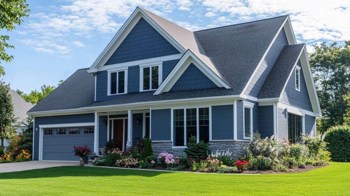 Blue-gray suburban house with white trim, garage, and landscaped front lawn under a clear sky