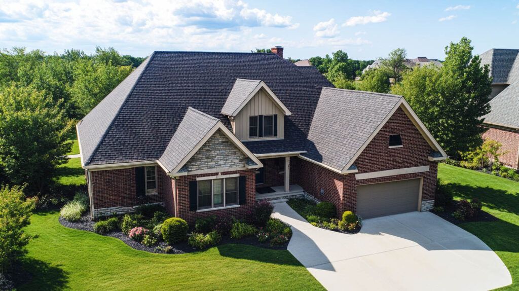 A suburban brick house with a dark roof, double garage, and well-kept green lawn on a sunny day