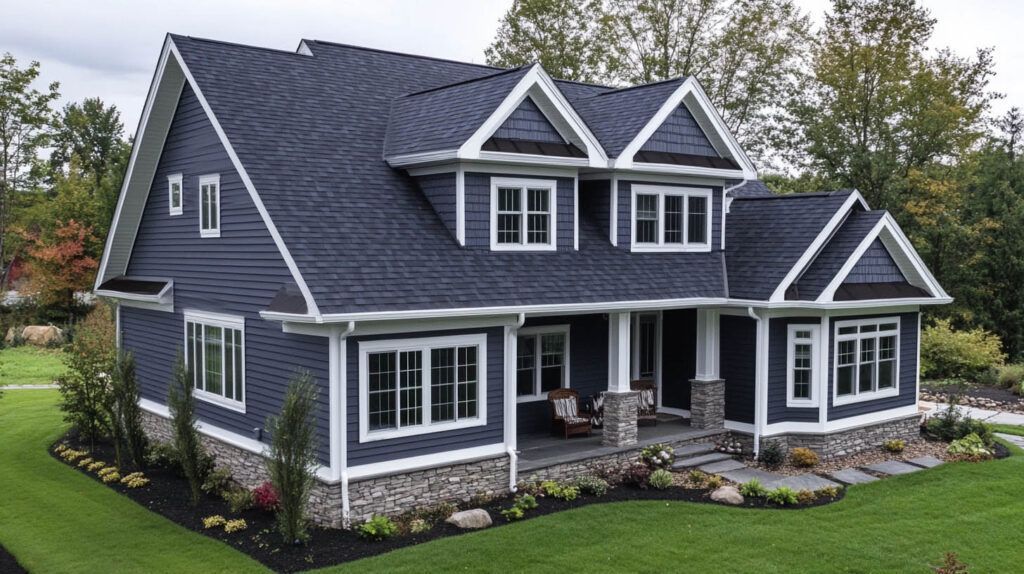 Large blue-gray house with white trim, dormer windows, and a stone foundation, surrounded by green lawn and trees