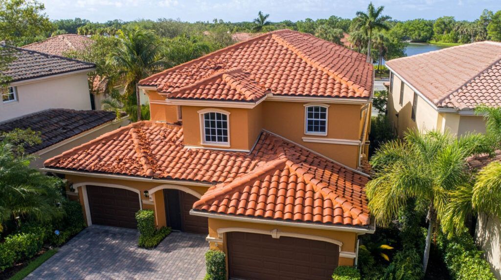 Aerial view of a suburban house with a red tile roof, two-car garage, and palm trees in the yard