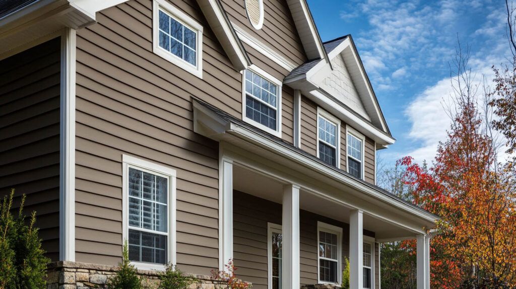Suburban two-story house with brown siding, white trim, and a front porch beside autumn trees.