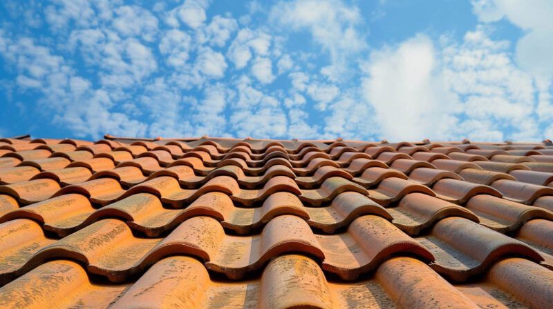 Orange tiled roof under a bright blue sky with scattered clouds