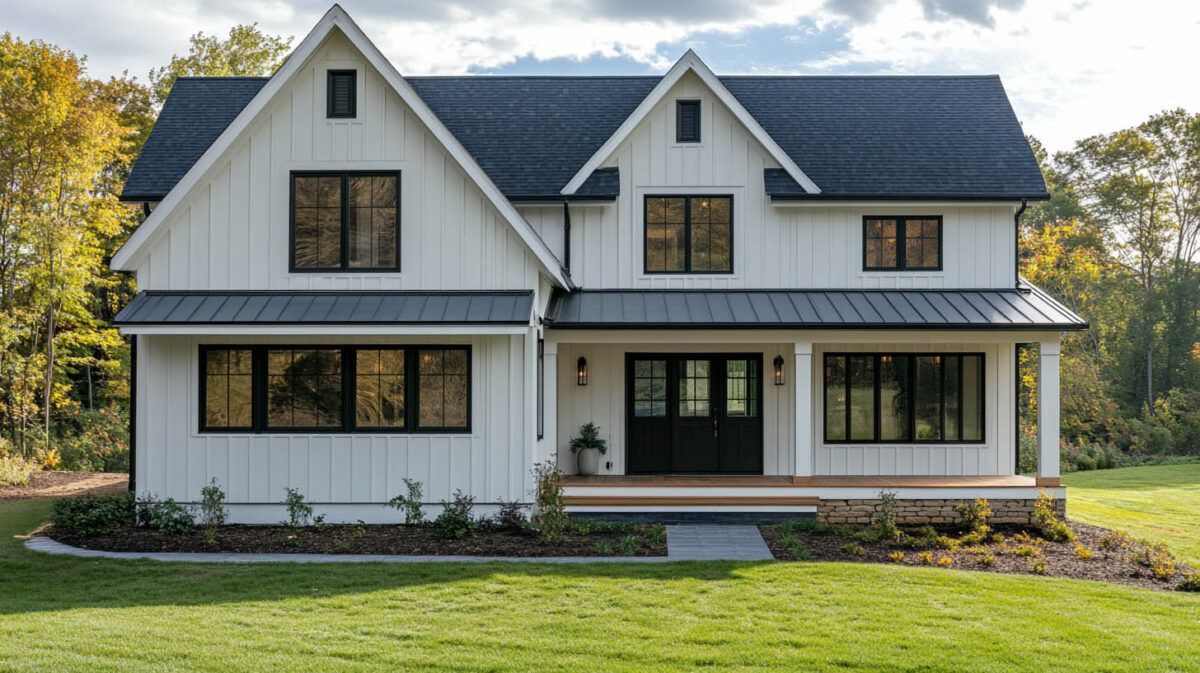 White two-story house with black roof and trim, front porch, and large windows on a green lawn