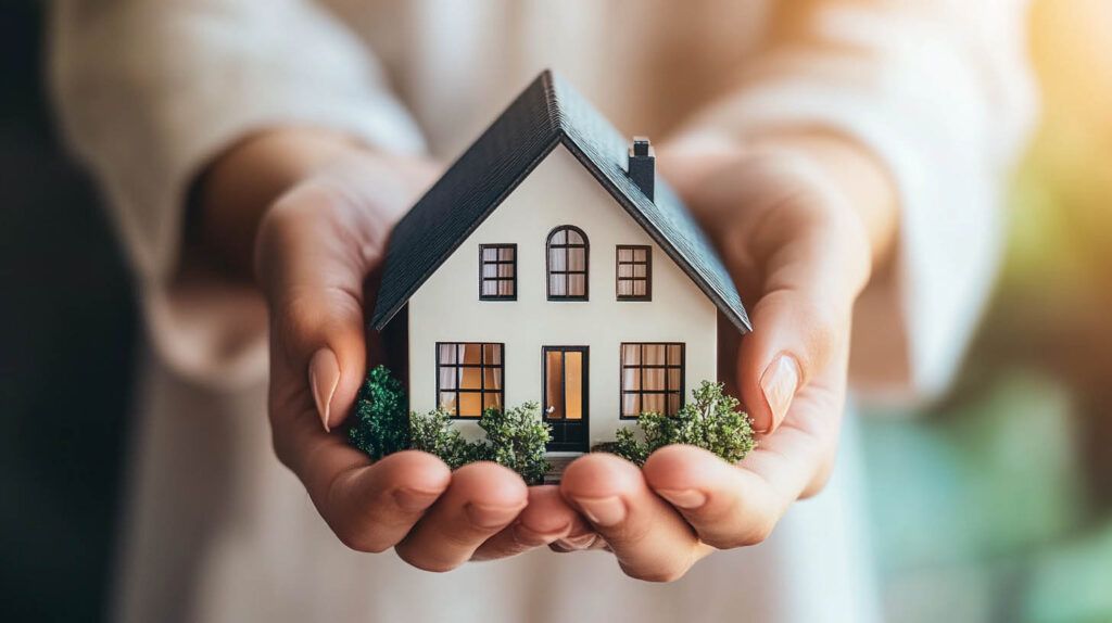 Hands holding a small model house with a dark roof and lit windows