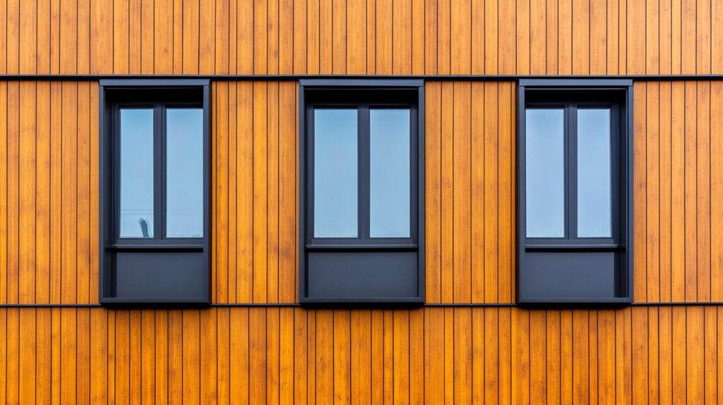 Three black-framed windows on an orange wooden facade