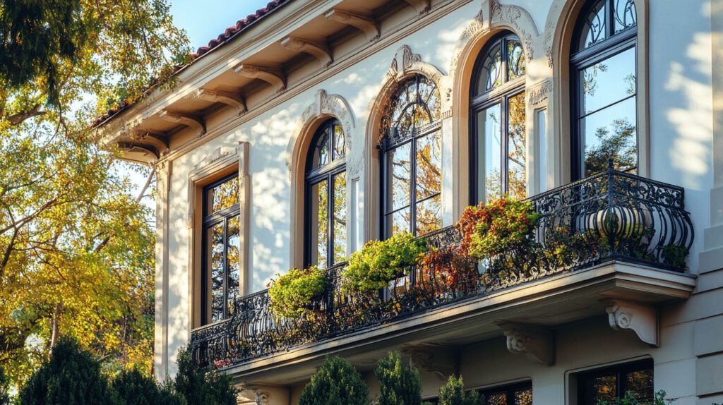 Sunlit white stucco house with arched windows and wrought-iron balcony, framed by trees and flower boxes