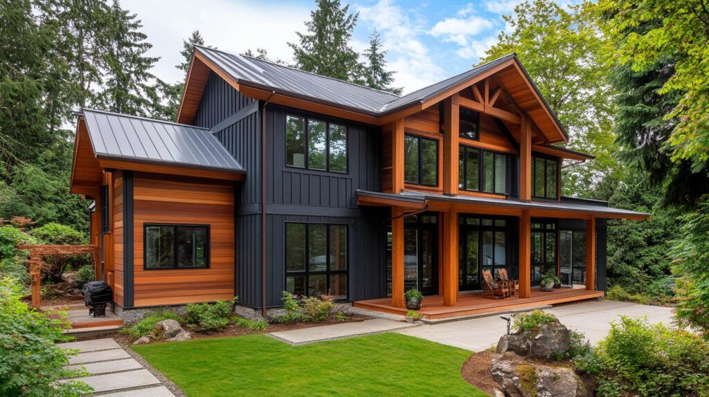 Modern two-story wooden house with large windows, dark siding, and a landscaped yard surrounded by trees