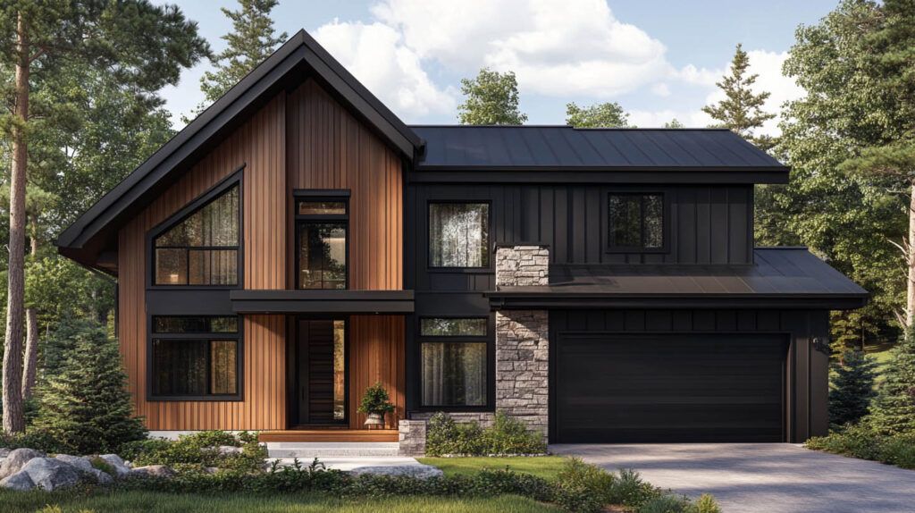 Modern two-story black-and-wood house with large windows, front porch, and attached garage in a wooded setting