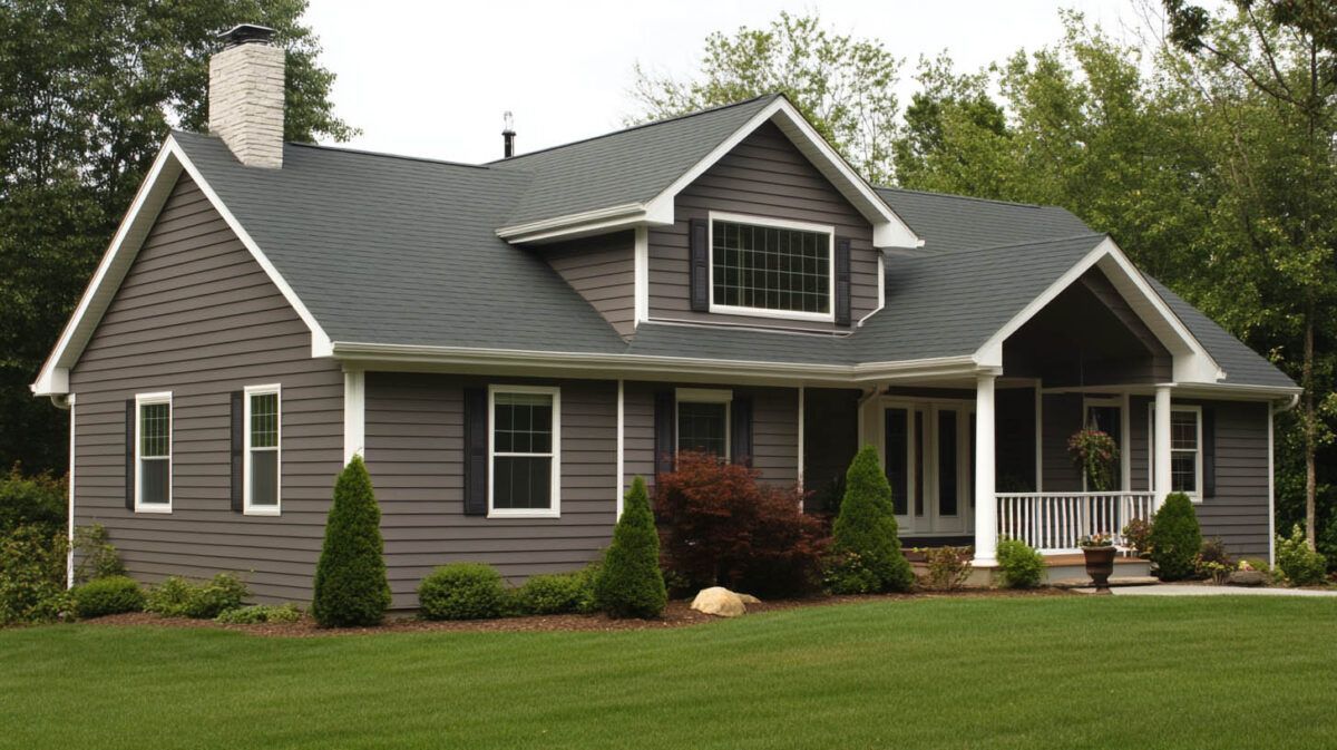 Gray suburban house with white trim, a front porch, stone chimney, and a green lawn.
