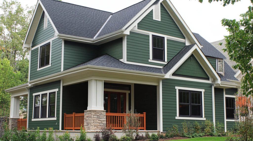 Green two-story house with white trim, covered porch, and dark gray roof in a leafy yard