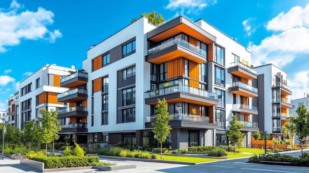 Modern apartment buildings with white facades and orange balconies on a sunny street
