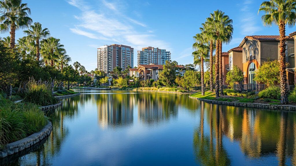 Palm-lined lakeside park with calm water reflecting modern buildings and blue sky