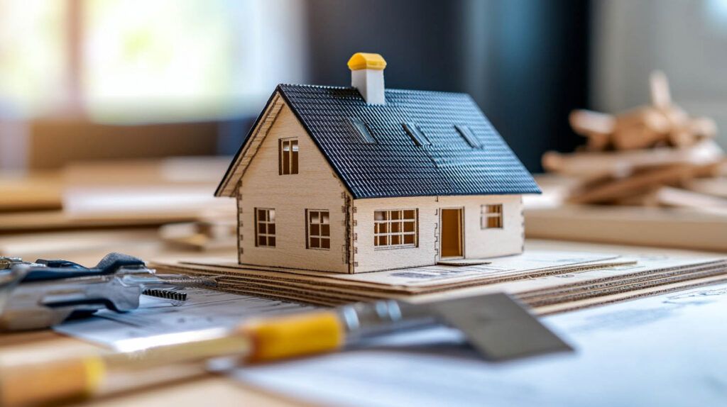 Miniature house model on a tabletop with tools, suggesting home construction or renovation planning