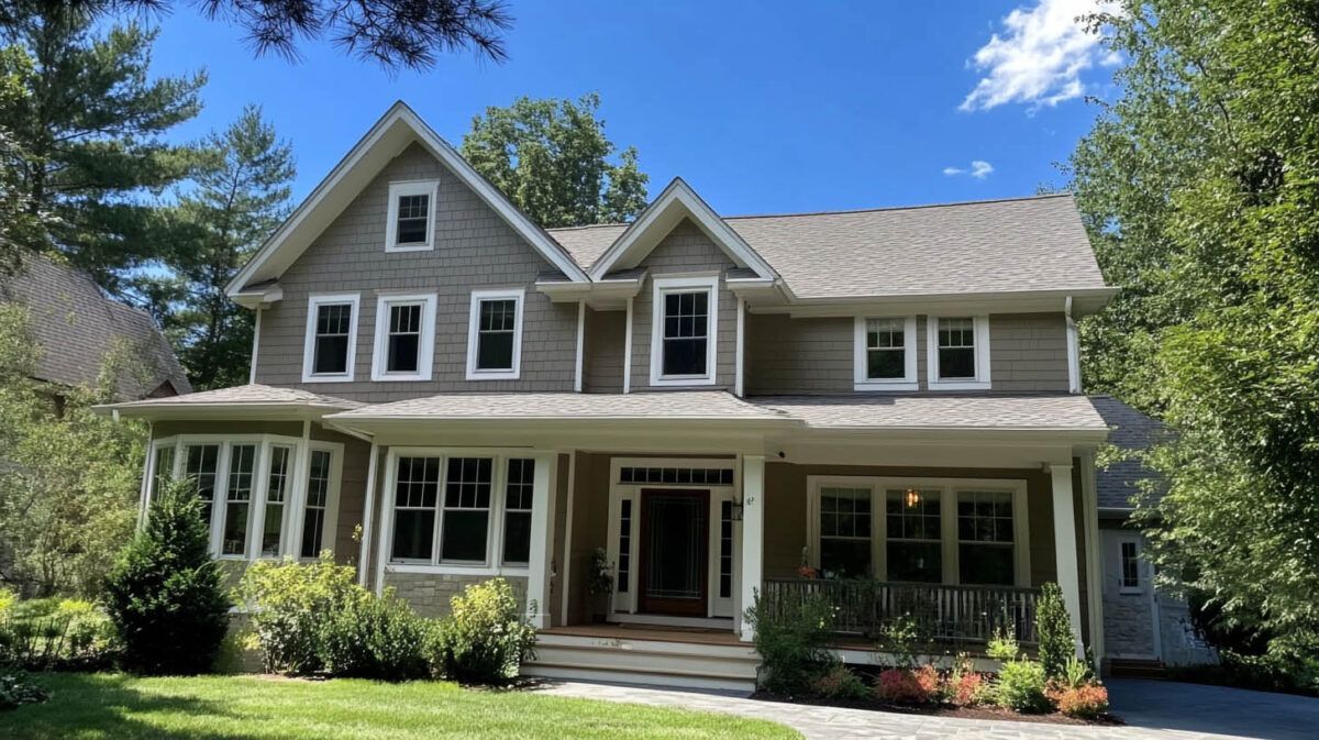 Two-story gray house with a front porch, white trim, and a green lawn under a sunny sky