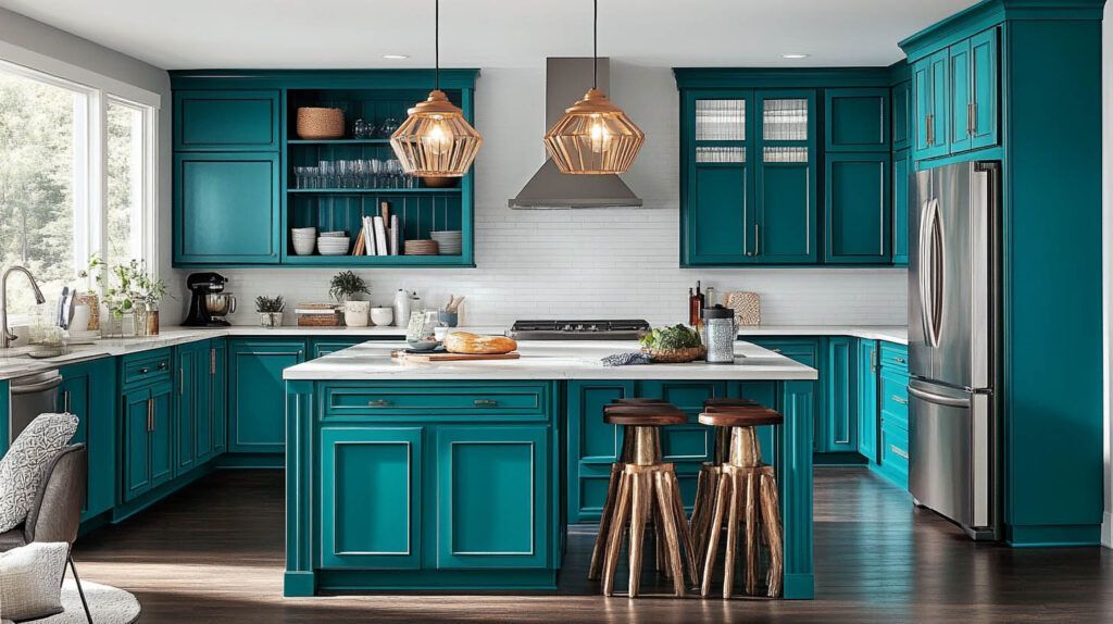 Bright teal kitchen with island, hanging pendant lights, bar stools, and stainless steel fridge