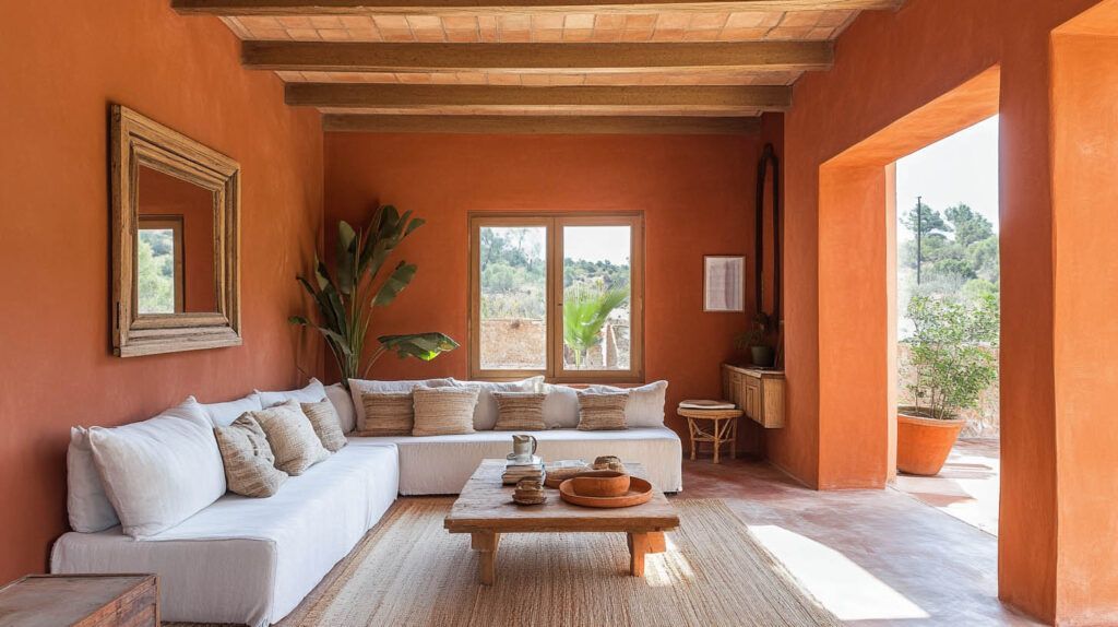 Sunlit living room with white sofa, wooden coffee table, terracotta walls, and open doorway to a patio