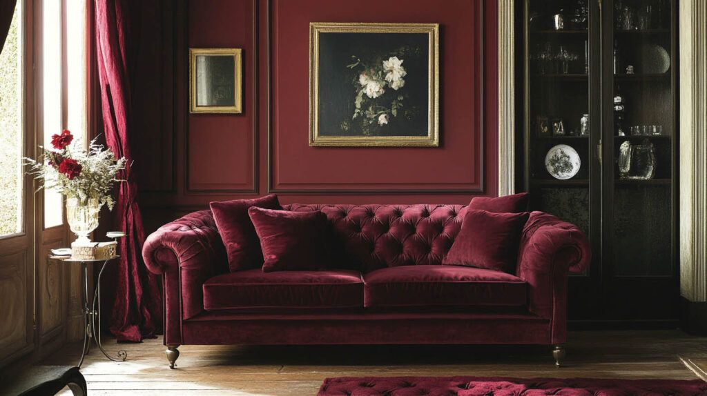 Elegant burgundy velvet sofa in a dark, classic living room with framed art and a window.