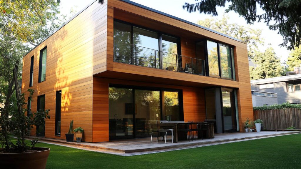 Modern two-story wooden house with large windows, a covered patio, and a green lawn