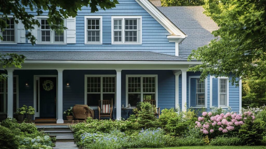 Blue two-story house with a front porch, white trim, and lush green landscaping.