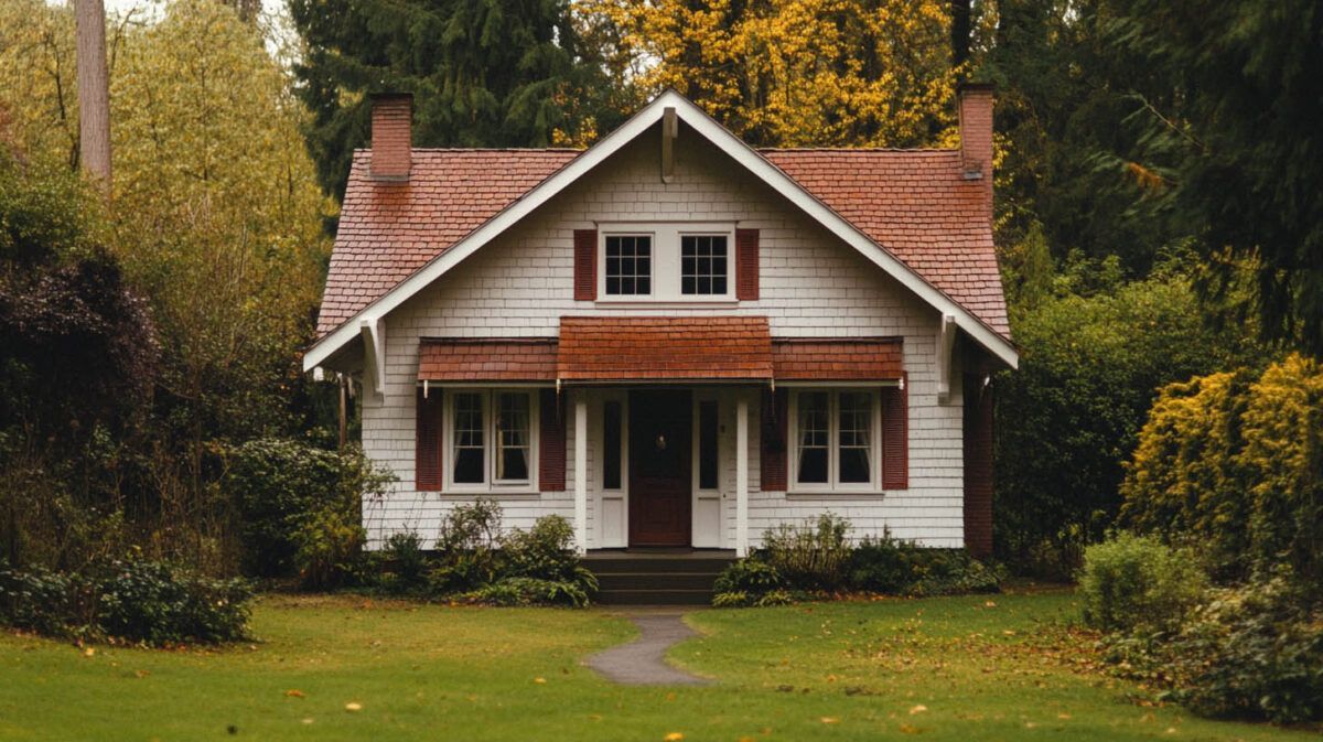 Cozy white cottage with red roof and dark shutters, centered in a green garden with autumn trees behind it
