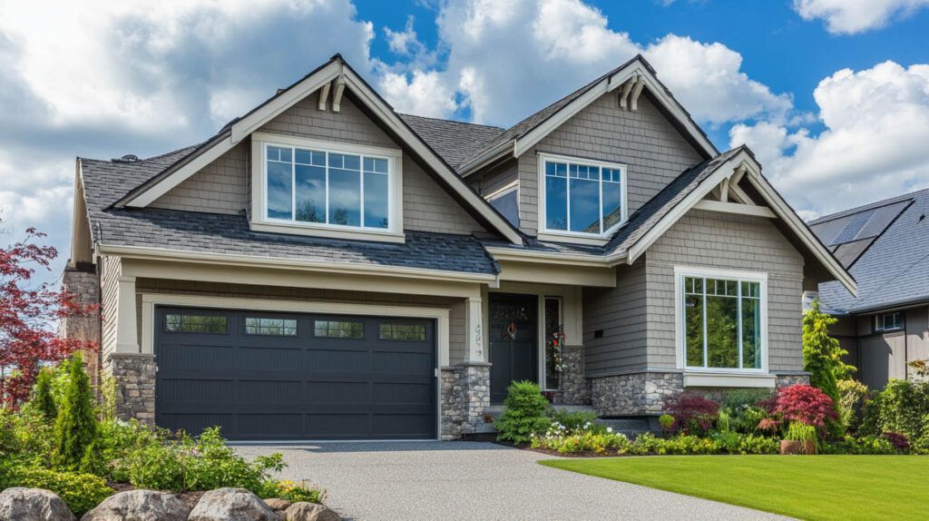 Modern suburban house with gray siding, black garage door, and landscaped front yard under a cloudy sky