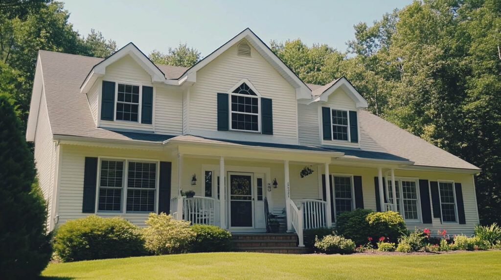 White two-story house with dormer windows, black shutters, a front porch, and a green lawn surrounded by trees