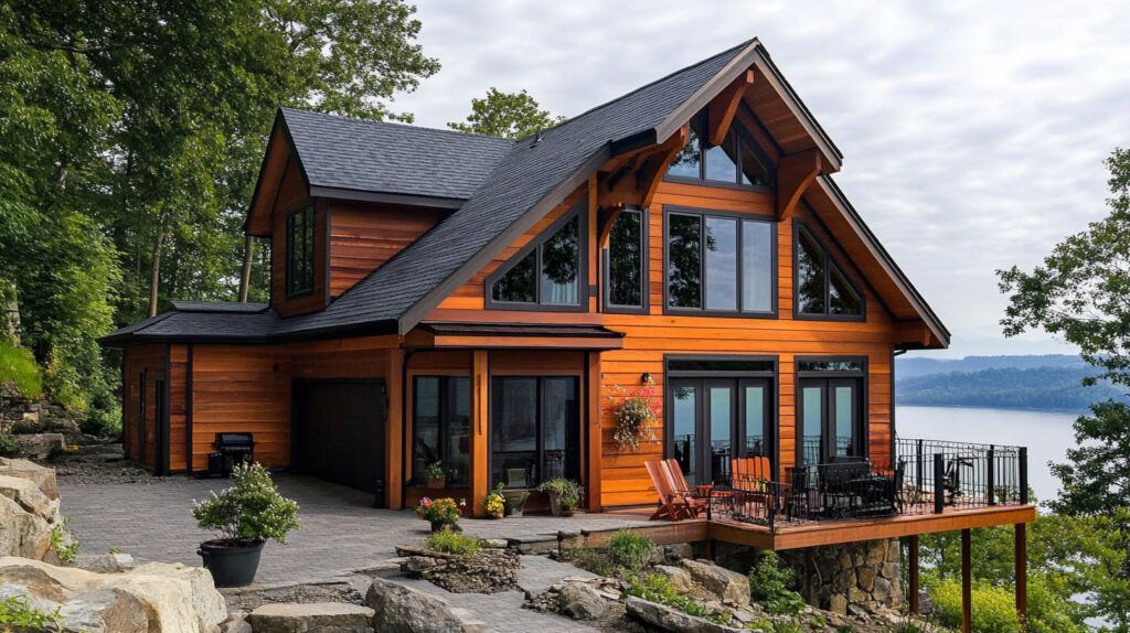 Rustic wood lakeside cabin with large windows, stone patio, and dock overlooking the water