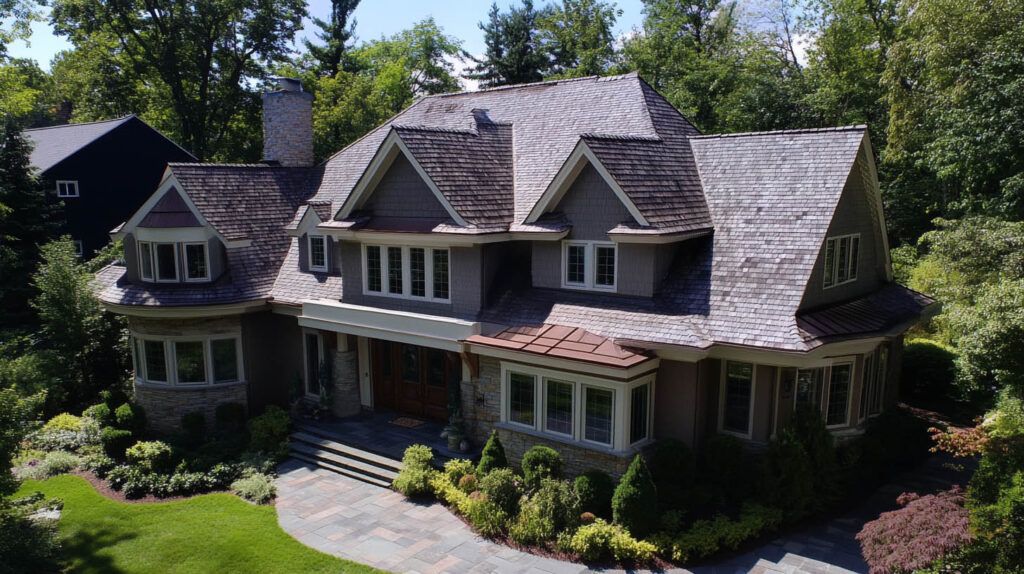 Large craftsman-style house with gray shingle roof, white trim, and a curved stone walkway surrounded by greenery