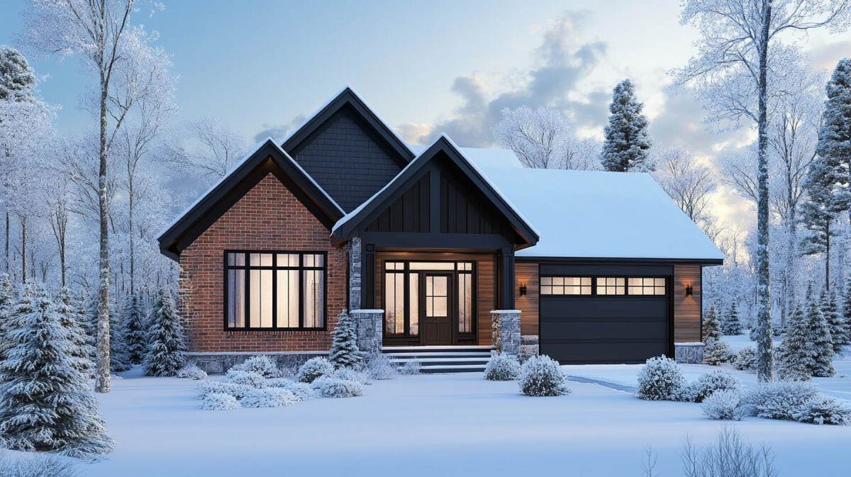 Snow-covered modern cabin with warm lights glowing at dusk in a winter forest