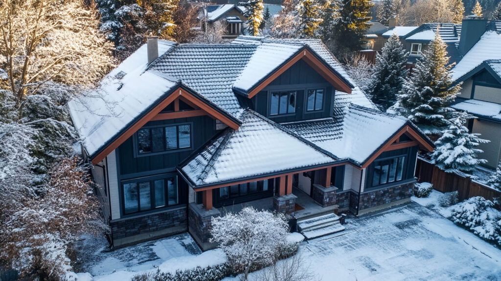Snow-covered chalet-style house in a wooded neighborhood, with steep roofs and dark wood trim.
