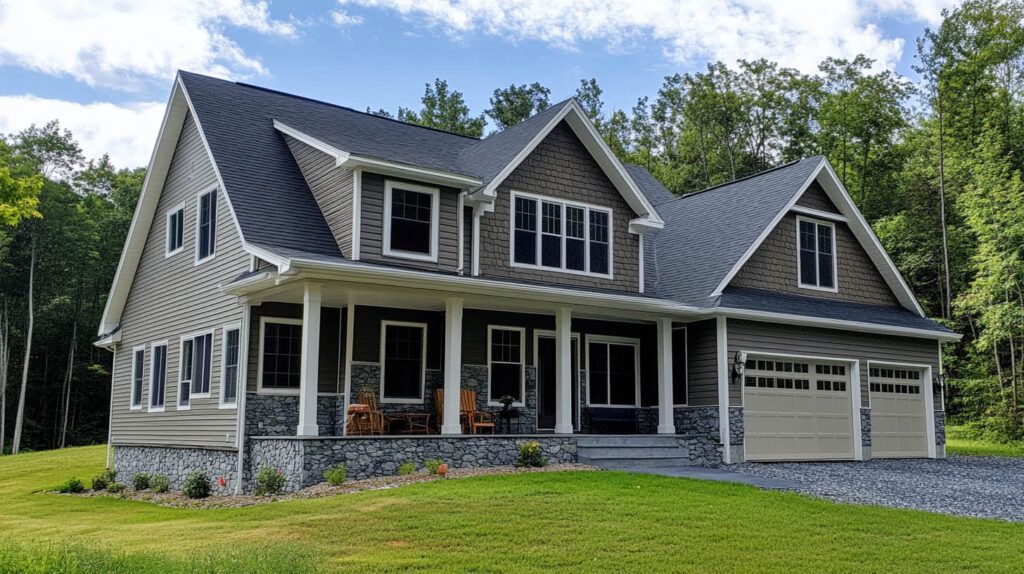 Large gray two-story house with gabled roof, front porch, and attached garage on a grassy lot with trees.